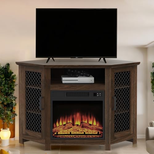 47" Corner Fireplace TV Stand for TVs Up to 55", Farmhouse Fireplace TV Stand with Remote 18" Electric Fireplace, Entertainment Center with Storage & Open Shelves for Living Room, Bedroom, Brown Vaczon