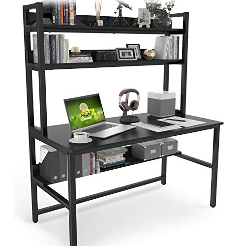 Aquzee 47-Inch Modern Ergonomic Computer Desk with Hutch and Storage Shelves in Black Aquzee