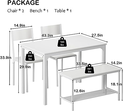 DlandHome 4 Person Dining Table Set, Dining Table with 2 Chairs and 1 Bench,Rectangular Space-Saving Dinner Table with Two Benches for Kitchen DlandHome