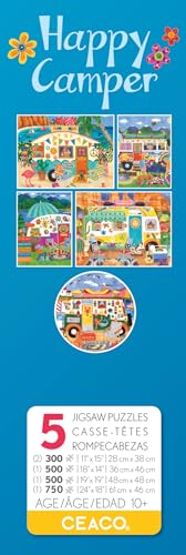Ceaco - 5 in 1 Multipack - Happy Camper - (2) 300 Piece, (2) 500 Piece, (1) 750 Piece Jigsaw Puzzles Ceaco