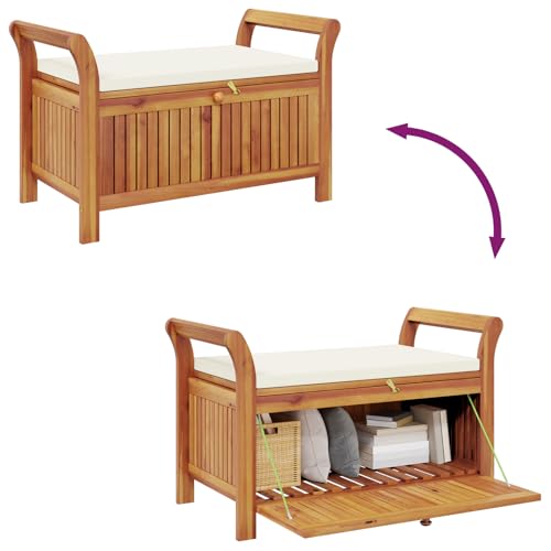 vidaXL Garden Storage Bench, Solid Acacia Wood, White Cushion Included, Classic Outdoor Design, Patio & Garden Seating, 35.8" x 19.7" x 23.6", Patio & Deck Organizer, Durable Wooden Furniture vidaXL