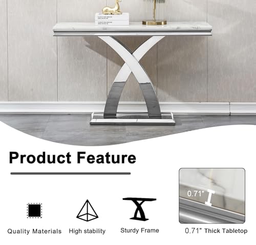 Henf Faux Marble Luxury Console Table with X-Shape Steel Base, 47in Marble Top Narrow Table Console Sofa Table Behind Couch for Living Room, White Mable Entryway Table Foyer Table for Entrance Henf