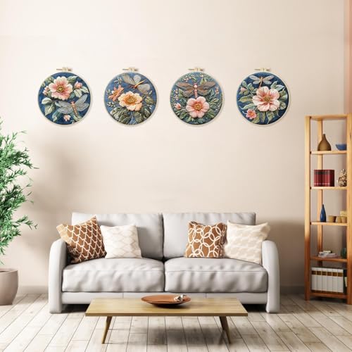 SCECALA 4 Pack Spring Floral Embroidery Kit - Blue Dragonfly Flower Hand Embroidery Kit for Beginners with Pattern, Complete Cross Stitch Supplies DIY Craft for Adults Sewing Hobby, 1pc Hoops