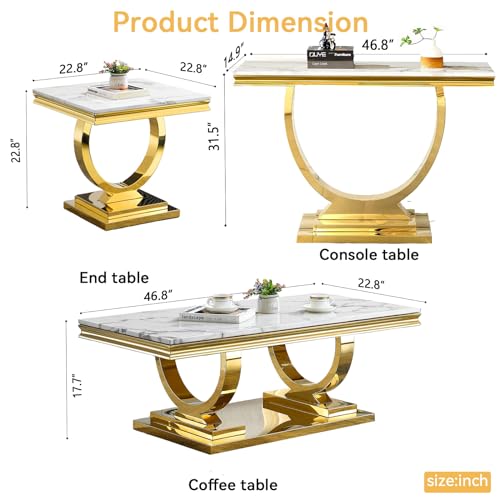 Goujxcy Coffee Tables Set of 4 for Living Room, Marble Console Table & Coffee Table and 2 End Tables Set, Faux Marble Top&Gold O-Shape Steel Base, 4 Pieces Living Room Table Sets for Apartment Office Goujxcy