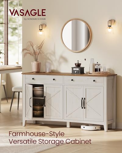 VASAGLE LIRY Collection - Buffet Cabinet, Coffee Bar Cabinet with 2 Drawers, Adjustable Shelves, Sideboard Storage with Cable Holes, Drawer Dividers, Rustic White and Honey Brown UBBK381W01 VASAGLE