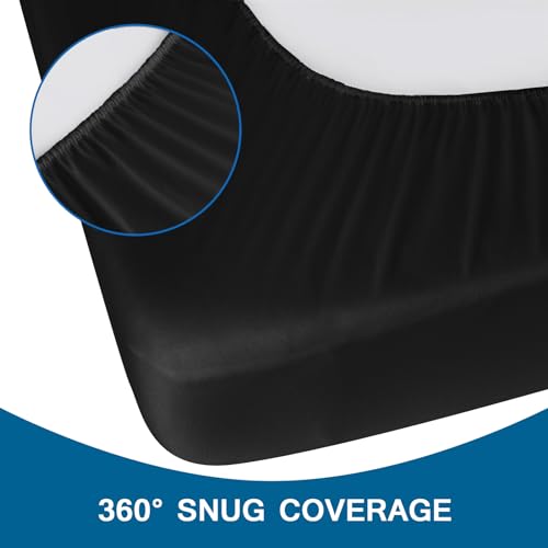 Twin Fitted Sheet Only, Twin Size Sheets for Kids Up to 14 Inches Deep Procket, Single Bed Mattress Sheets Stretchable Breathable Cover, Black Coldwind