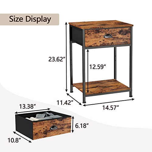 Furologee End Table with Storage Shelf and Fabric Drawer, 2 Tiers Industrial Nightstand, Bedside Table Organizer, 23.6 Inch Tall Side Table for Living Room Bedroom, Rustic Brown, Easy Assembly Furologee