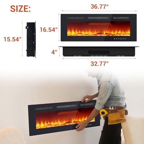 40 Inch Ultra-Thin Recessed Electric Fireplace, Wall Mounted Linear Fireplace Heater with Remote & Touch Screen | Multicolor Flame, Adjustable Thermostat, Timer | Includes Logs & Crystals, 1500W 120V PeakPursuit