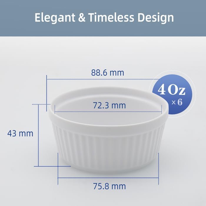 Nuwave Ceramic Ramekins 4oz Set of 6, Classic Elegant Style Ramekins for Baking Souffles, Creme Brulées, Custards, Puddings, Oven, Microwave & Dishwasher-Safe, Ivory White Nuwave