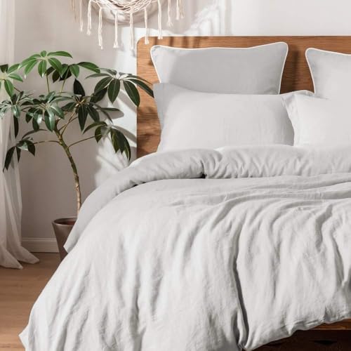Simple&Opulence 100% Linen Duvet Cover Set, 3 PCS Natural French Flax Light Grey Duvet Cover King Size, Breathable Soft Comfy Linen Bedding Comforter Cover with 2 Pillowcases(Light Grey, 104" x 92")