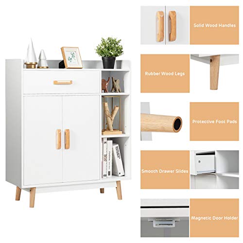 Giantex Floor Storage Cabinet Free Standing Cupboard with 1 Drawer, 2 Doors, 3 Shelves & 4 Rubber Wood Legs for Home Office Sideboard Storage Organizer, White Giantex