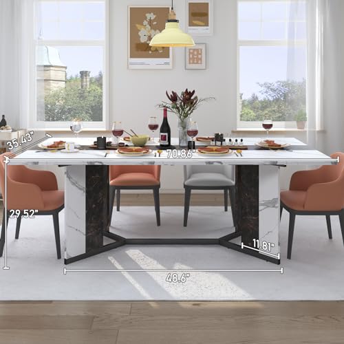 Hlivelood 71In Large Rectangular White Dining Table for 4 5 6 7 8 People w/35 Marble-Color Wood Watrproof Tabletop,Adjustable Leg.6ft Luxurious Family Dinner Table for Office Kitchen Living Room Hlivelood