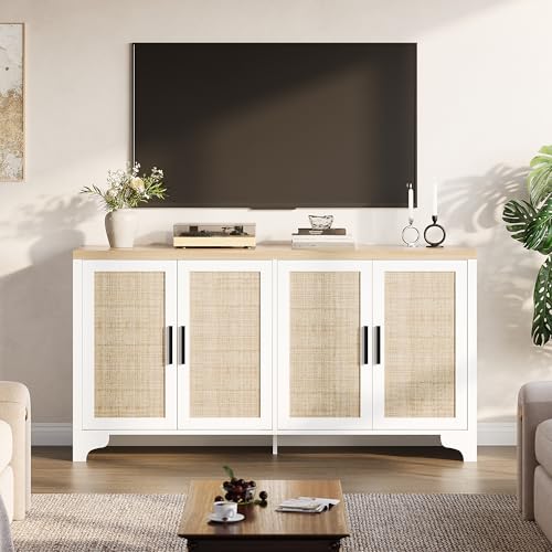 GarveeHome 4-Door Sideboard Buffet Cabinet, Natural Rattan Storage Cabinet, Boho Entryway Console Table, Coffee Bar Station for Dinning Room, Living Room, Kitchen, White GarveeHome