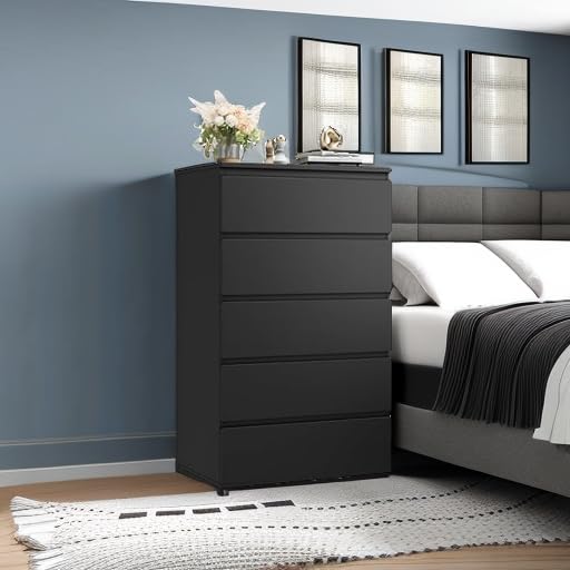 FOTOSOK Black Dresser, 5 Drawer Dresser Tall Black Dresser with Large Storage Space, Modern Storage Chest of Drawers, 23.6L x 17.6W x 39.1H Inch Storage Organizer Cabinet for Home, Black FOTOSOK