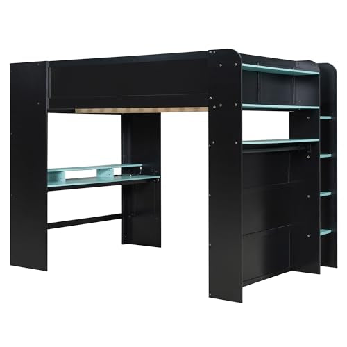 Merax Full Size Gaming Loft Bed with Height-Adjustable Desk, Wardrobe, Ample Storage Space and RGB Light, Solid Wood Bunk Bed Frame for Bedroom, No Box Spring Needed, Blue Merax