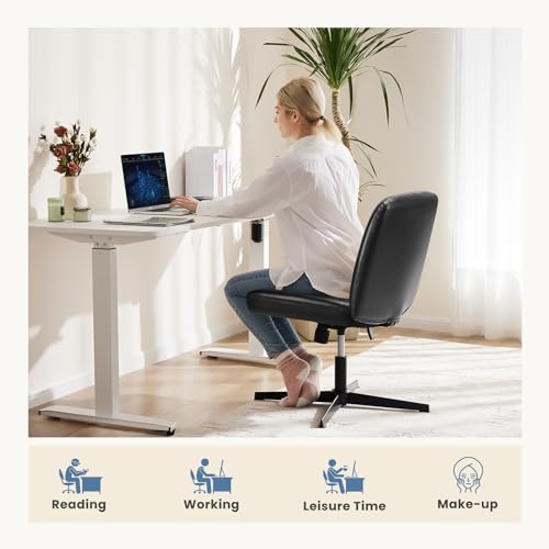 DUMOS Desk Chair No Wheels, Criss Cross Chair Wide Cross Legged Office Desk Vanity Chair, PU Leather Armless Adjustable Swivel Chairs for Home Computer Task Black DUMOS