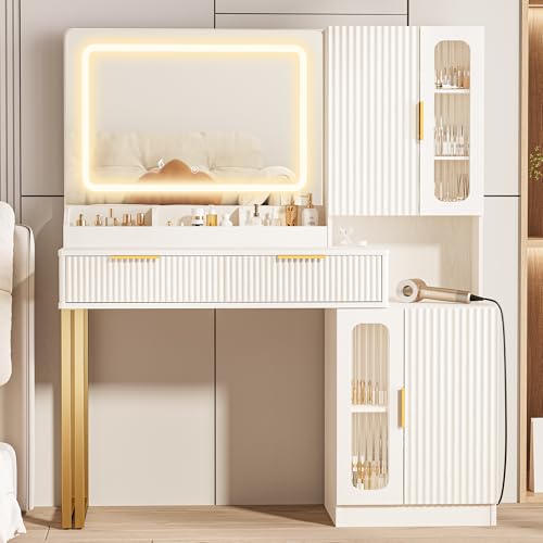 45" Modern Makeup Vanity Desk with Mirror and Lights, Makeup Vanity with 5 Shelves& 2 Drawers and Cabinet, Vanity Table with Power Outlet, 3 Color Adjustable Lighting Dressing Table Set for Bedroom astimey