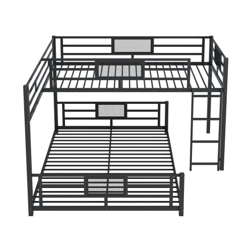 MERITLINE L-Shaped Metal Bunk Bed with Guardrails, Twin Over Full Bunk Bed Frame for Teens, Black MERITLINE