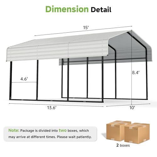 Real Relax 10×15FT Heavy Duty Carport, Metal Car Port Multi-Use Outdoor Storage Cars, Boats, Trucks, Galvanized Metal Roof, Cream White Real Relax