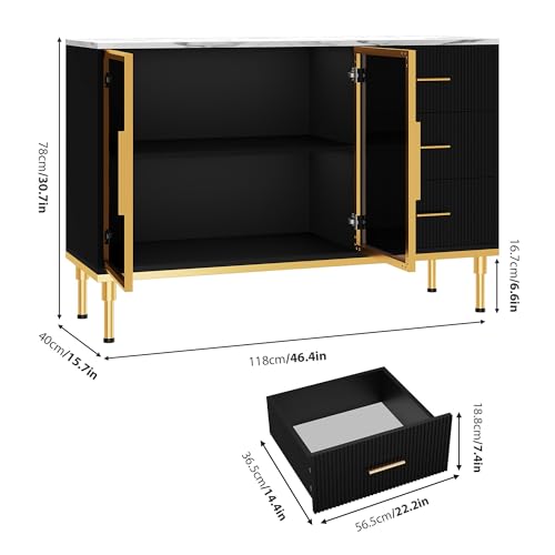 GAOMON Buffet Sideboard Cabinet with Storage, 46.4" Large Fluted Kitchen Sideboard Cabinet with 2 Glass Doors 3 Drawers and Shelves, Faux Marble Top Buffet Table for Dining Room, Living Room, Black GAOMON
