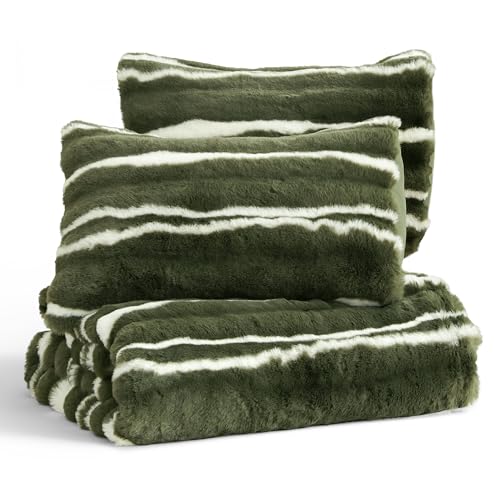 Wonderful 3 Pieces Fluffy Faux Rabbit Fur Comforter Set King Size, Dark Green Plush Fuzzy Bedding Set, Animal Stripes Design Warm Soft Comforter Bedding Set for All Season,104"x94" Wonderful