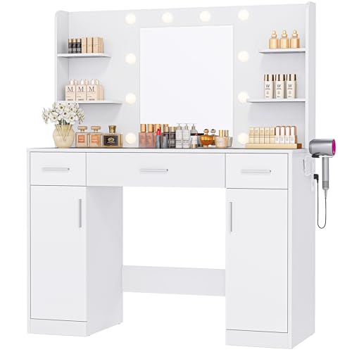 DUMOS Vanity Desk Makeup with Mirror LED Lights, White Table with Power Outlet 3 Drawer, 4 Storage Shelves & 2 Cabinets, 3 Lighting Modes & Adjustable Brightness, Dressing Tables for Bedroom DUMOS