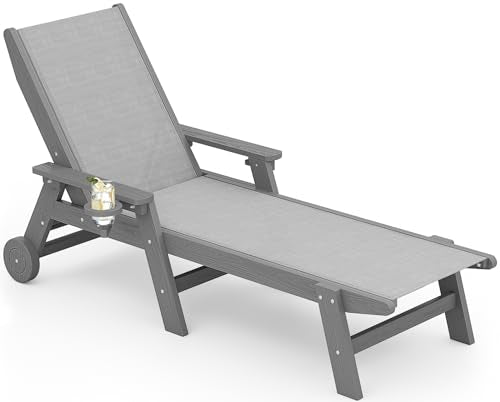 SERWALL Patio Chaise Lounge Chair, 5 Positions Outdoor Lounger for Pool, Textilene Lounge Chair with Rolling Wheels for Poolside, Deck, Grey