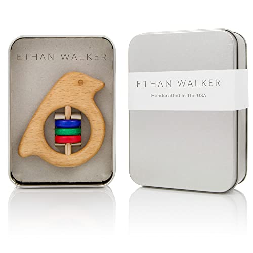 Personalized Wooden Baby Rattle Teether Gift with Baby Name Engraved β A Perfect Keepsake - Infant and Newborn Toys β Baby Girl or Boy Rattle and Teething Toy β Bird Primary Color Ethan Walker