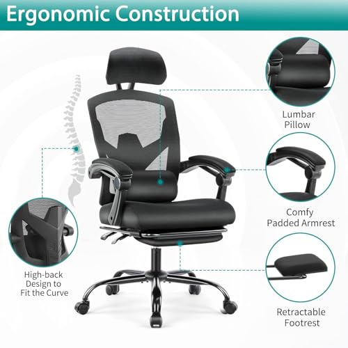 DUMOS Home Office Desk Chair with Footrest, High-Back Mesh Rolling Swivel Reclining Chairs with Wheels, Comfortable Headrest, Lumbar Support, Comfy Arms for Home, Office, Gaming, Student, Inky DUMOS