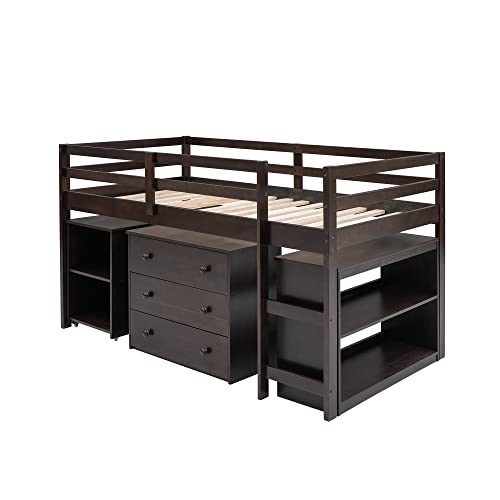 Harper & Bright Designs Twin Size Low Loft Bed with Rolling Portable Desk and Storage Cabinet, Wooden Low Study Loft Bed with Drawers, for Kids Teens Girls Boys - Espresso Harper & Bright Designs