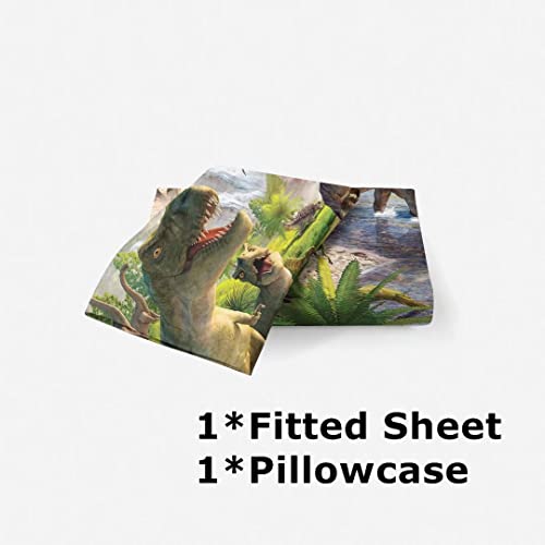 NiuOne Dinosaurs Bed Sheets Twin for Boys,3D Realistic Dinosaur Green Fitted Sheets Set Ancient Jungle Dinosaur Bed Sheet Kids Soft Microfiber Bedding Sheets Set,Twin Size(2pc) NiuOne
