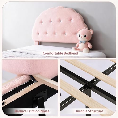 Lynxor Teddy Velvet Twin Size Bed Frame with LED Lights, Cookie Floating Platform Bed Frame, Adjustable Headboard and Elevated Footboard, Noise Free,Princess Room Upholstered Bed Frame, (Pink) Lynxor