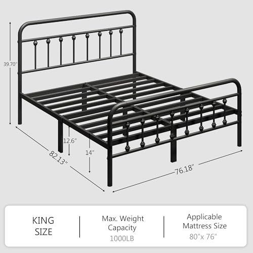 zunatu King Size Metal Platform Bed Frame/Victorian Style Headboard and Footboard/Steel Slat Support/Easy Assembly/No Box Spring Needed/Underbed Storage/Noise Free/Black zunatu
