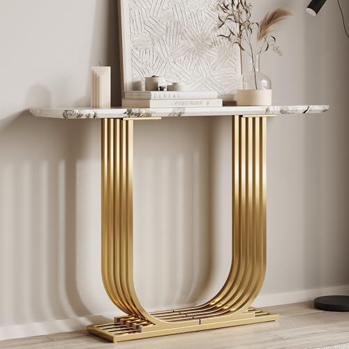 GDFStudio 43.3" Modern Console Table, Narrow Wooden Entryway Table with Imitation Marble Top and Gold Metal Base, Accent Sofa Table Behind Couch for Living Room Foyer Hallway, White+Gold GDFStudio