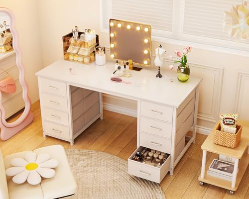 ODK 48 Inch Vanity Desk with 8 Fabric Drawers, Modern Makeup Desk for Bedroom & Dressing Room with Large Storage, Ideal for Home Office, Study, Pure White ODK