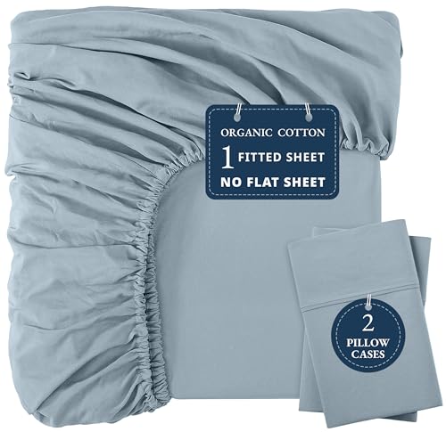 LANE LINEN 100% Organic Cotton Fitted Sheet Queen Size - 3 Pc Set (1 Fitted Sheet, 2 Pillowcases), Percale Weave, Soft, Breathable, Fits Mattress Upto 15" Deep - French Blue (No Flat Sheet) LANE LINEN