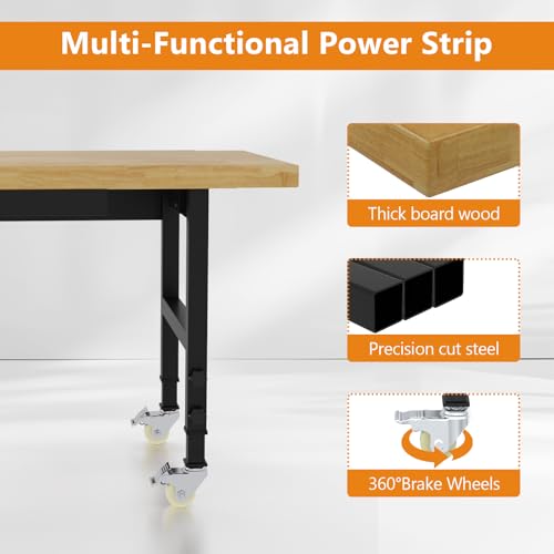 Pelnuies 60" Work Bench with Wheels, Adjustable Height Workbench with Drawers, Heavy-Duty Thick Wood Work Table with Power Outlets, 2000 LBS Capacity Workstation for Garage, Workshop, Office, Home Pelnuies