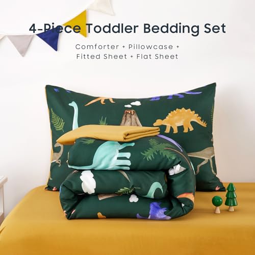 Wake In Cloud - Toddler Bedding Set for Boys, 4 Pieces Soft Crib Bed Set Including Comforter, Fitted Sheet, Flat Top Sheet and Pillowcase, Colorful Jurassic Dinosaur Volcano, Dark Green Wake In Cloud