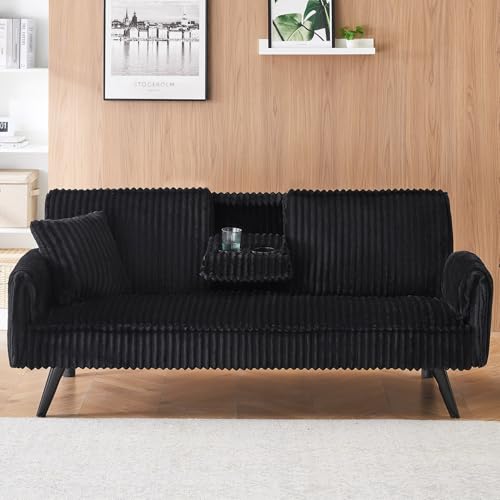 Thctvous 72” Corduroy Futon Sofa Bed with Pillows, Modern Convertible Futon Couch with 2 Cup Holders& Metal Legs for Small Spaces Living Room, Solid Wood Frame (Black) Thctvous
