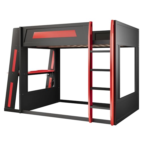 SOFTSEA Queen Size Gaming Bunk Bed with Desk, Storage Shelves, LED Lights & USB Ports, Wood Loft Bunk Bed with Desk and Ladder for Kids, Teens & Adults, Space-Saving, Black & Red SOFTSEA
