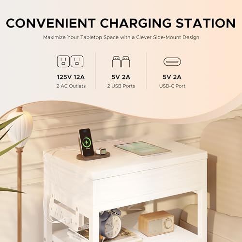 Nightstand Bedside Table Hidden Drawer - Night Stand with Charging Station and Sliding Top Storage, Bed Side Table with 2 Fabric Drawers, Modern Nightstand for Bedroom Dorm Living Room, White Lazzanto