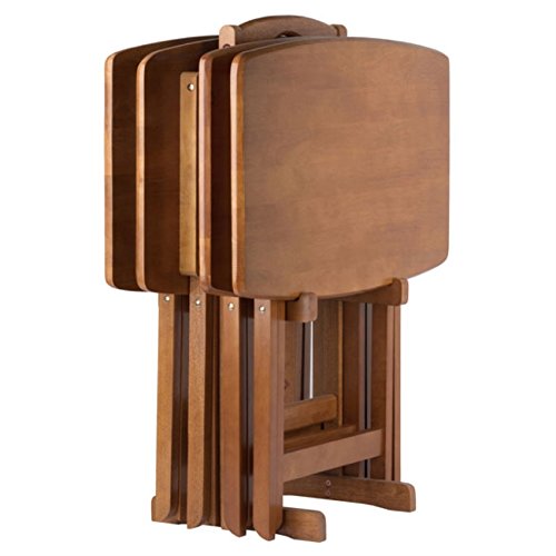 Ergode Wood Dylan 5-Piece Snack Table Set - Folding Solid Wood Teak Finish - includes 4 Snack Tables and Storage Stand, Space-Saving Design, Perfect for TV Meals and Outdoor Use Ergode