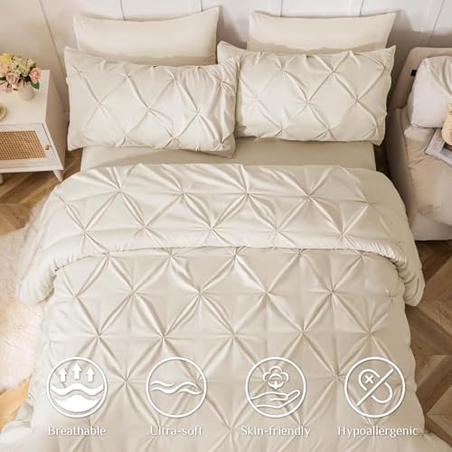 JOLLYVOGUE Full Size Comforter Sets 7 Pieces - Bed in a Bag Full for All Season, Pintuck Bedding Comforter Sets with Comforter, Flat Sheet, Fitted Sheet and Pillowcases & Shams, Beige JOLLYVOGUE
