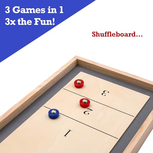 Sterling Games Tabletop Shuffleboard, Bowling and Curling 3 in 1 Combo Game Set, Two Sided Wooden Arcade Game Board with Pucks and Bowling Pins, a Table Top Game for Kids and Family STERLING