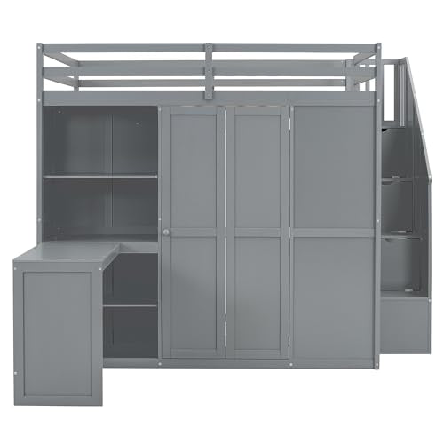 Harper & Bright Designs Full Size Loft Bed with Stairs and Desk, Wood Full Loft Bed with Wardrobe & Storage Shelves, Full Storage Bed for Kids Teens, Gray Harper & Bright Designs