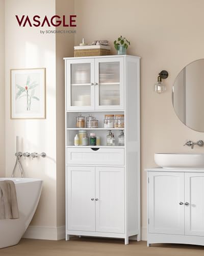 VASAGLE Storage Cabinet, Freestanding Storage Unit with Adjustable Shelves, Drawer, Open Compartments, for Bathroom, Living Room, Kitchen, Cloud White UBBC768WH01S VASAGLE