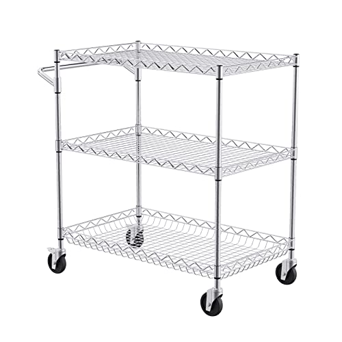 VEVOR Kitchen Utility Cart, 3 Tiers, Wire Rolling Cart with 661 LBS Capacity, Steel Service Cart on Wheels, Metal Storage Trolley with 80 mm Deep Basket Curved Handle 6 Hooks, NSF Listed VEVOR