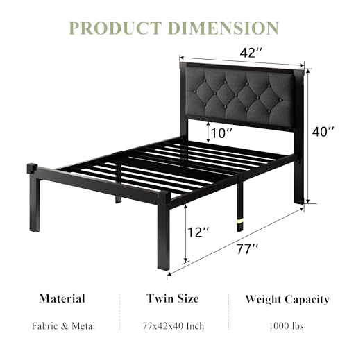 Feonase Twin Size Metal Bed Frame with Linen Upholstered Headboard, Heavy-Duty Platform Bed Frame with 12" Storage, Steel Slats Support, No Box Spring Needed, Gray Feonase