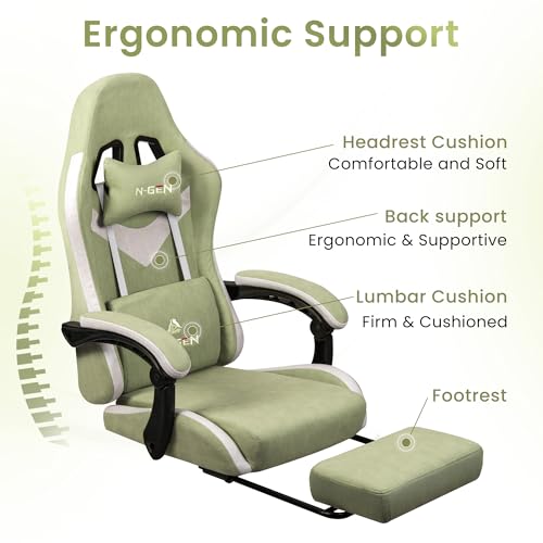 N-GEN GAMING Video Gaming Chair with Footrest Lumbar Support for Home Office High Back Recliner Height Adjustable Ergonomic Comfy Fabric Computer Desk Chair (Green)