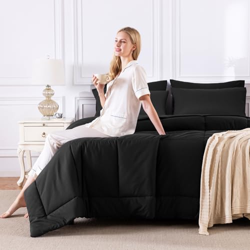 CozyLux Queen Comforter Set Black, 7 Pieces Bed in a Bag, Black Comforter Queen Size, All Season Bedding Sets with Stitch Quilted Comforter, Flat Sheet, Fitted Sheet, Pillowcases CozyLux
